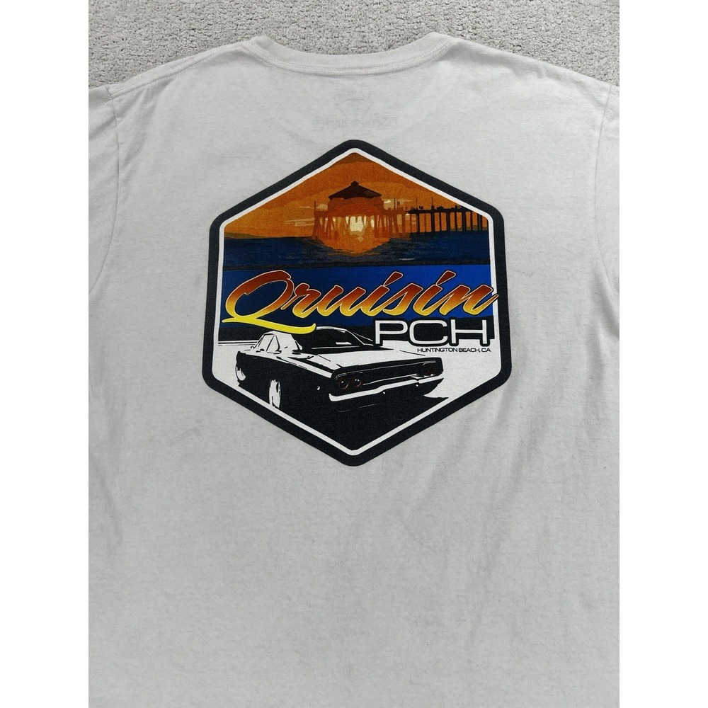 Piston Driven T Shirt Mens L Cruisin PCH Huntington Beach White Graphic USA EUC